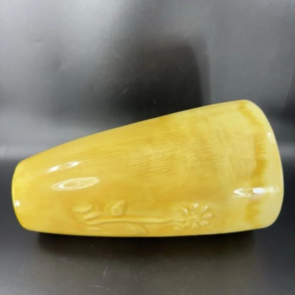 Antique Tall Yellow Pottery Vase‎ Embossed Flower USA Hand Made Vase Vessel VTG